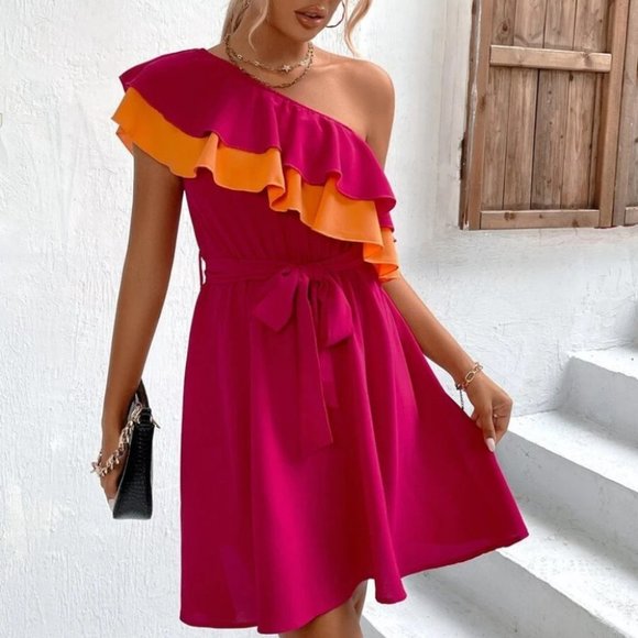 Pink One Shoulder Mini Dress - Picture 2 of 5